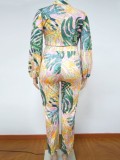 Plus Size Leaf Print Long Sleeve Knotted Crop Top and Pant Two Piece Set