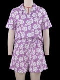 Floral Purple Short Sleeve Blouse and Shorts Two Piece Set