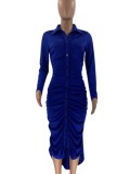 Blue Button-Open Ruched Long sleeve Blouse Dress