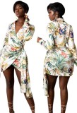 Floral Turndown Color Long Sleeve Asymmetric Scrunch Mini Dress