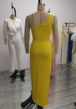 Yellow One Shoulder Asymmetric Scrunch Long Dress