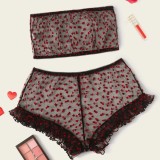 Red and Black Heart Print See Through Mesh Bra and Panty Two Piece Set