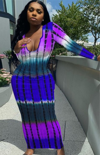 Tie Dye Long Sleeves Maxi Bodycon Dress