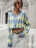 Blue and Yellow Geommetric Button Open Drop Shoulder Sweater Coat