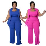 Plus Size Blue Crop Top with Sleeveless Turndown Collar Blazer and Wide Pants 3 pcs Set