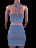 Blue Knit Halter Crop Top and Drawstring Short Skirt Two Piece Set