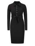 Black Long Sleeve Button Up Knitted Midi Office Dress with Matching Belt