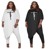Plus Size White Puff Sleeve Asymmetric Top and Tight Pants Two Piece Outfits