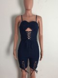 Dark Blue Lace-Up Cami Fitted Denim Rompers