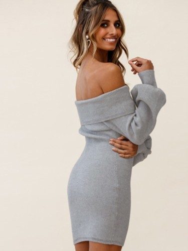 Gray Off Shoulder Bubble Sleeve Knitted Slinky Dress