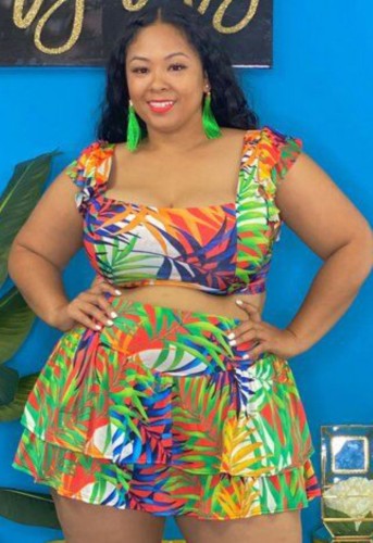 Plus Size Leaf Print Cami Crop Top and Short Skirt Two Piece Set