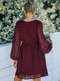 Burgunry Floral V--Neck Mesh Sleeve Midi Dress