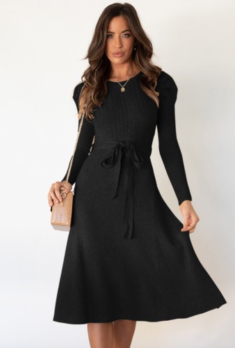 Black Knit Long Sleeves O-Neck Dress with Belt