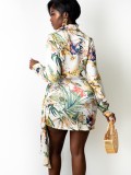 Floral Turndown Color Long Sleeve Asymmetric Scrunch Mini Dress