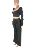 Black Puff Long Sleeve Crop Top and Wide Pants Two Piece Outfits