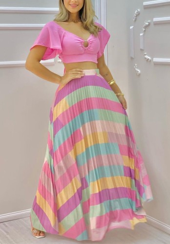 Pink O-Ring Short Sleeve Crop Top and Colorful Stripes Maxi Skirt Two Piece Set