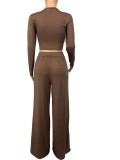 Brown O-Neck Long Sleeves Crop Top and Wide Pants Two Piece Set