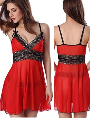 Red Lace Patch See Through Mesh Cami Dress with Panty Two Piece Set