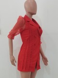 Red Mesh Sleeves Turndown Collar Blazer Dress