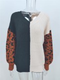 Color Block V-Neck Drop Shoulder Leopard Sleeves Pullover Sweater