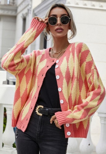 Pink and Yellow Geommetric Button Open Drop Shoulder Sweater Coat
