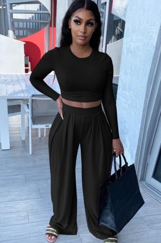 Black O-Neck Long Sleeves Crop Top and Wide Pants Two Piece Set