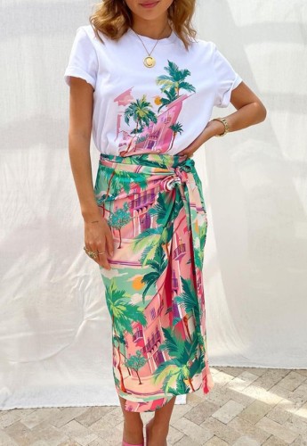 Printed Short Sleeves O-Neck Tee and Midi Skirt Two Piece Set