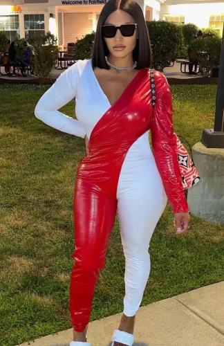 Red and White Patchwork PU Leather V-Neck Bodycon Jumpsuit