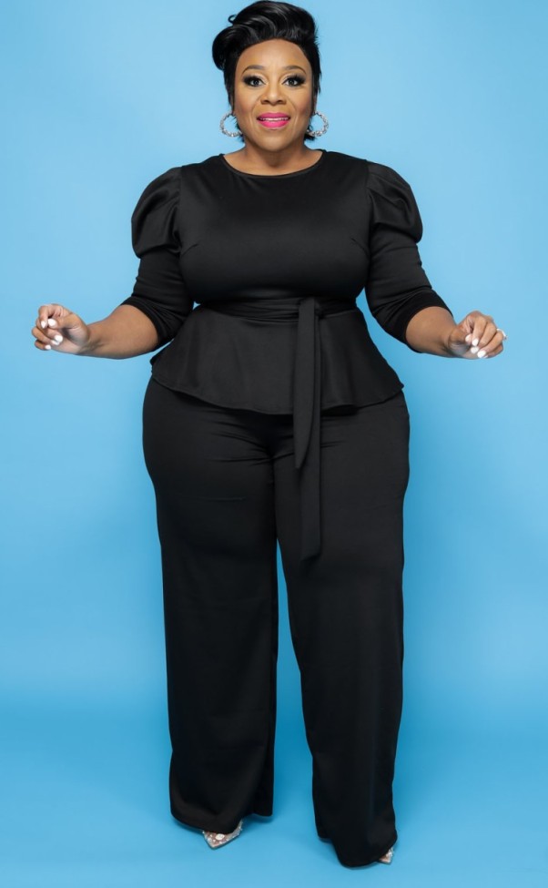 Plus Size Black Long Sleeves O-Neck Top and Pants Two Piece Set