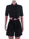 Black Blouse and High Waist Shorts Two Piece Set with Matching Belt