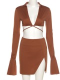 Brown O-Ring V-Neck Crop Top and Slit Short Skirt Two Piece Set