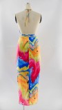 Polychrome Tie Dye Halter Crop Top and Midi Skirt Two Piece Set