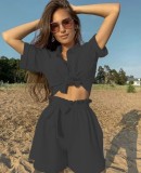 Black Blouse and High Waist Shorts Two Piece Set with Matching Belt