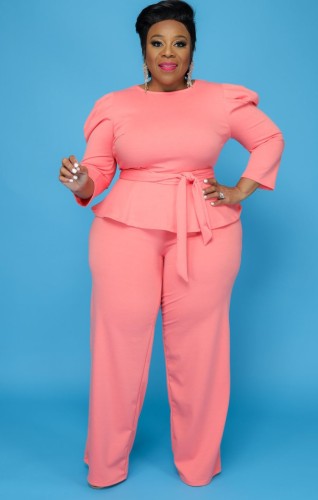Plus Size Pink Long Sleeves O-Neck Top and Pants Two Piece Set