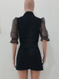 Black Mesh Sleeves Turndown Collar Blazer Dress
