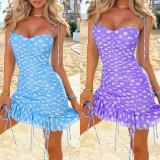 Purple Floral Print Sleeveless Ruched Mini Dress
