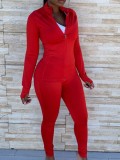 Red Zipper Up Long Sleeves Top and Pant Two Piece Set