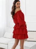 Red Off Shoulder Puff Sleeve Pleated Midi Dress