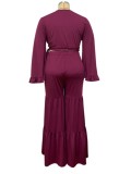 Plus Size Burgundy Wrap Flare Sleeve Crop Top and Wide Pants Two Piece Set