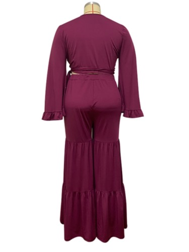 Plus Size Burgundy Wrap Flare Sleeve Crop Top and Wide Pants Two Piece Set