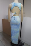Tie Dye Blue Sleeveless Crop Top and Asymmetric Maxi Skirt Two Piece Set
