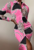 Leopard Pink Long Sleeves Bodycon Midi Blouse Dress