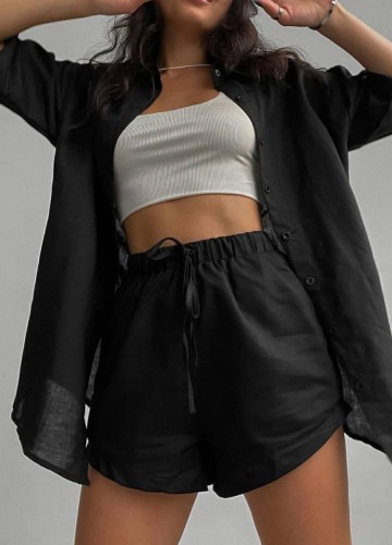 Black Short Sleeve Long Blouse and Shorts Two Piece Set