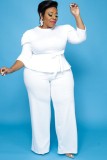 Plus Size White Long Sleeves O-Neck Top and Pants Two Piece Set