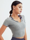 Grey Asymmetric-neck Short Sleeve Crop Top