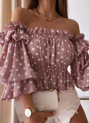Polka Dot Off Shoulder Bubble Sleeve Crop Top