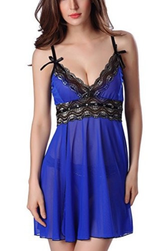Blue Lace Patch See Through Mesh Cami Dress with Panty Two Piece Set