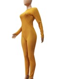 Yellow See Through Long Sleeves O-Neck Slinky Jumpsuit