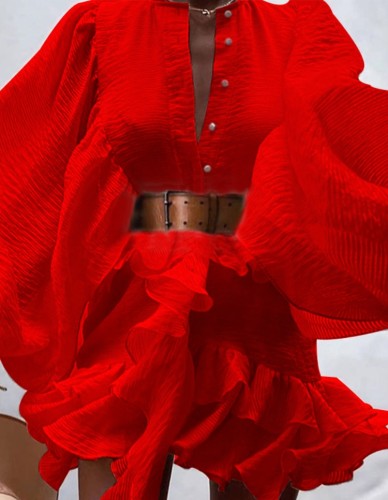 Red Bubble Sleeves Ruffles Irregular Short Dress with Belt