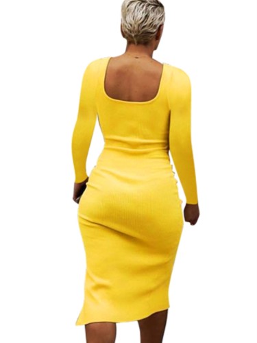 Yellow Ribbed Square Neck Long Sleeves Slit Tight Dress